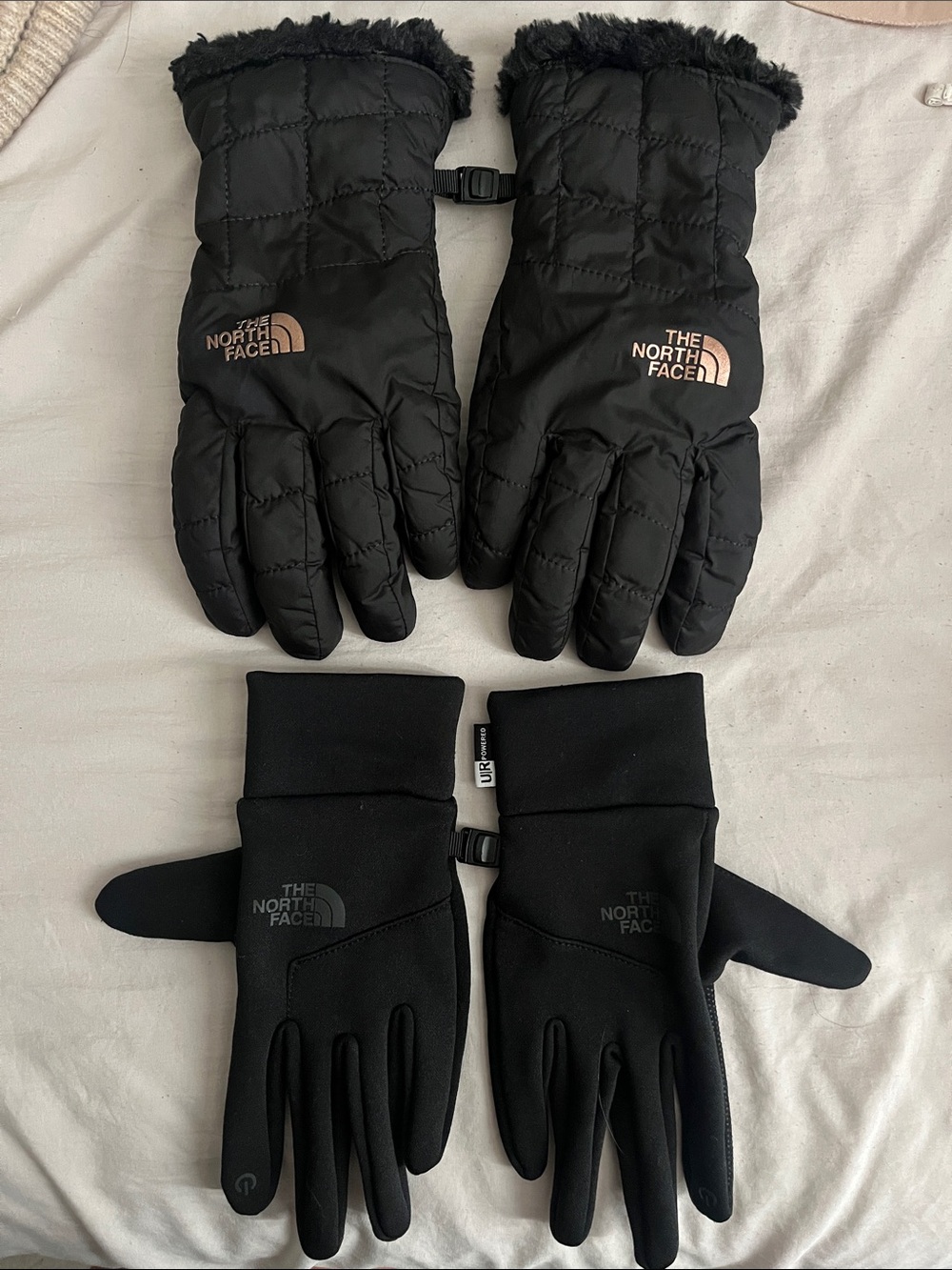 The North Face Black Quilted Insulated Gloves + Black Softshell Touchscreen Pair